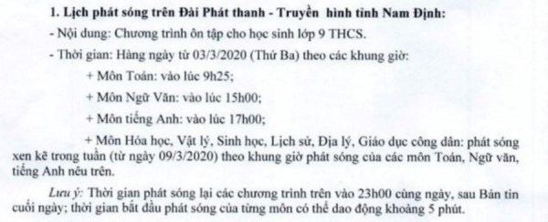 Lịch phát sóng học trực tuyến cho học sinh lớp 9