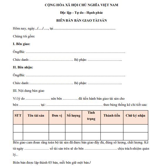 Biên bản bàn giao tài sản