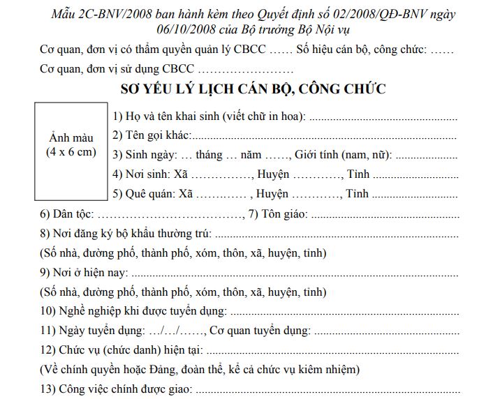 Mẫu sơ yếu lý lịch công chức