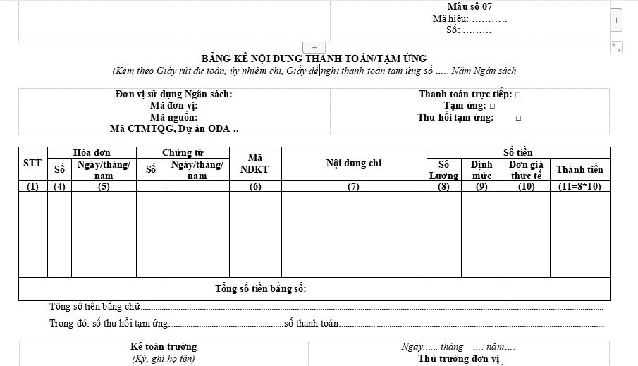 Bảng kê thanh toán/tạm ứng