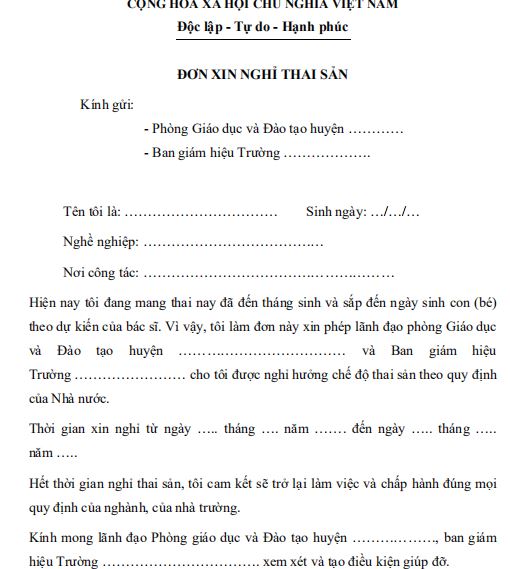 Đơn xin nghỉ thai sản của Giáo viên