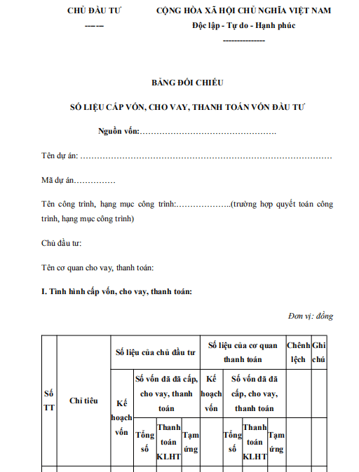 Bảng đối chiếu số liệu cấp vốn, cho vay, thanh toán vốn đầu tư