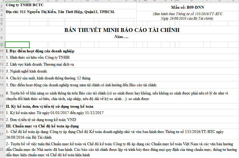 Thuyết minh báo cáo tài chính thông tư 133