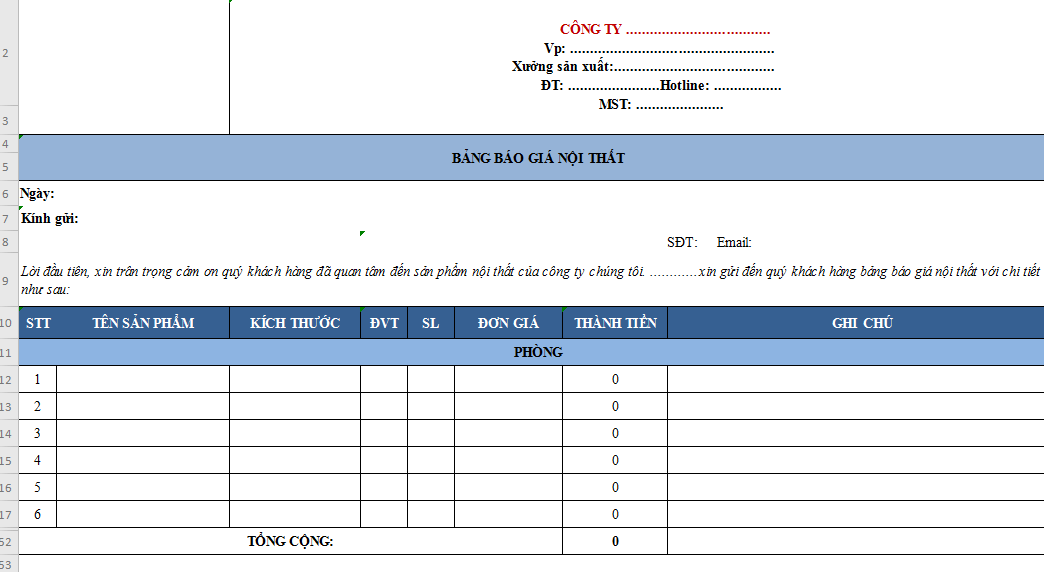 Mẫu bảng báo giá excel