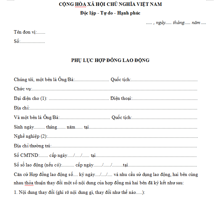 Mẫu phụ lục hợp đồng lao động