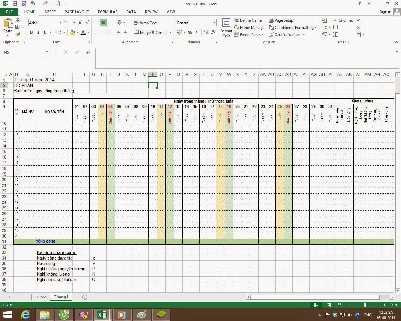 Cách làm bảng chấm công theo giờ bảng Excel 2010