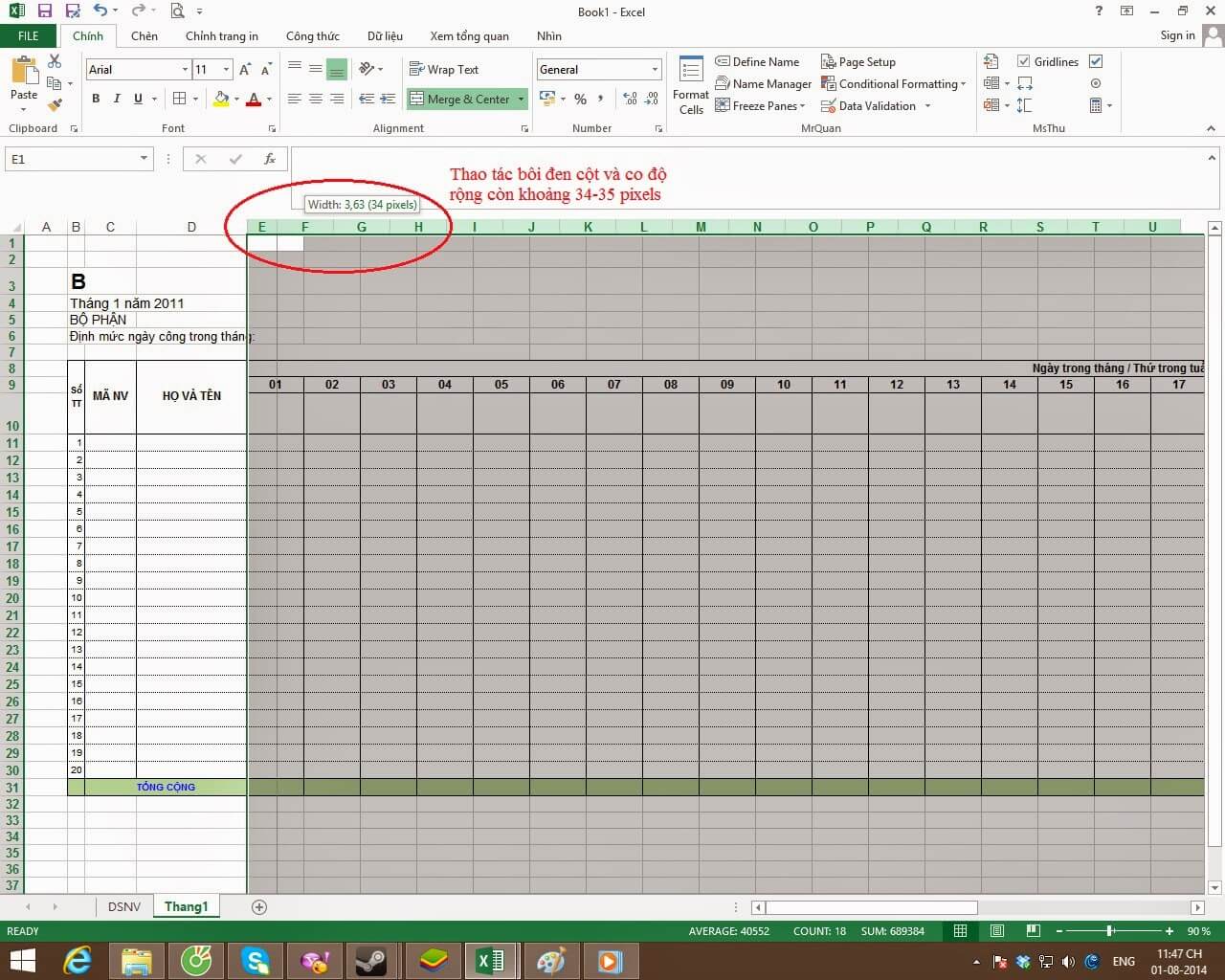 Hướng dẫn lập bảng chấm công bằng excel 2016