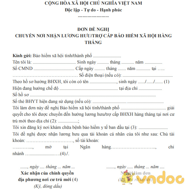 Mẫu đơn đề nghị chuyển nơi nhận lương hưu/ trợ cấp BHXH hàng tháng