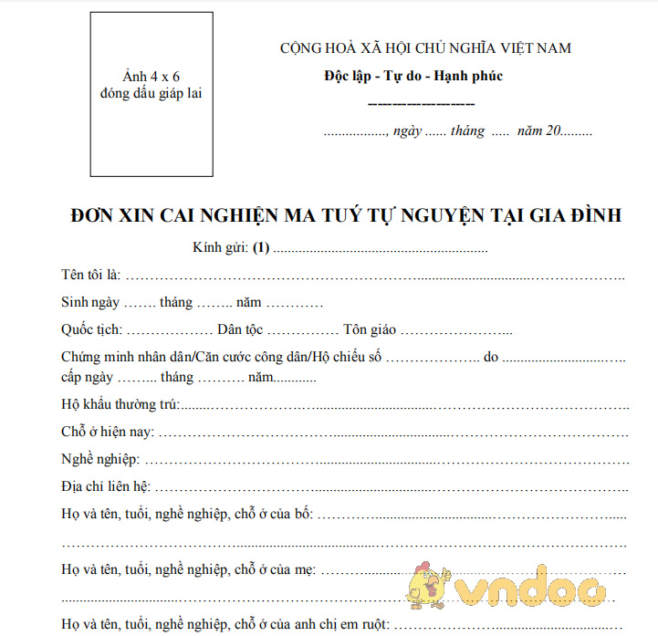 Đơn đề nghị được cai nghiện tự nguyện tại nhà