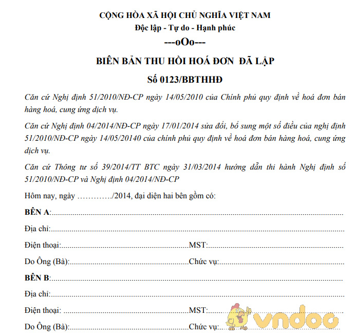 Biên bản thu hồi hóa đơn