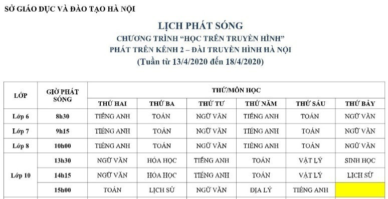 Lịch phát sóng học trực tuyến cho học sinh lớp 9