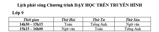 Lịch phát sóng học trực tuyến cho học sinh lớp 9