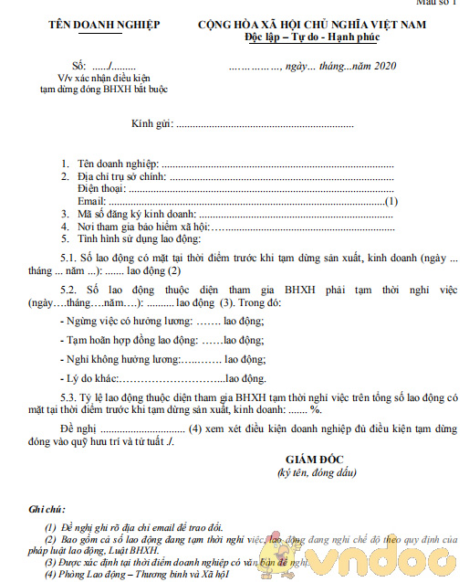 Công văn đề nghị xác nhận điều kiện tạm dừng đóng BHXH bắt buộc