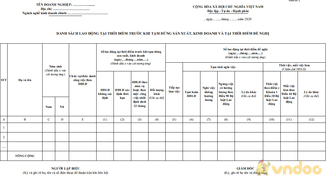 Danh sách lao động tại thời điểm trước khi tạm dừng sản xuất, kinh doanh và tại thời điểm đề nghị