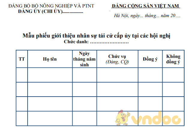 Phiếu giới thiệu nhân sự tái cử cấp ủy tại các hội nghị