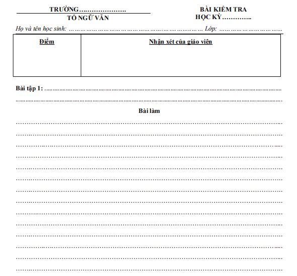 Mẫu giấy làm bài kiểm tra môn ngữ văn