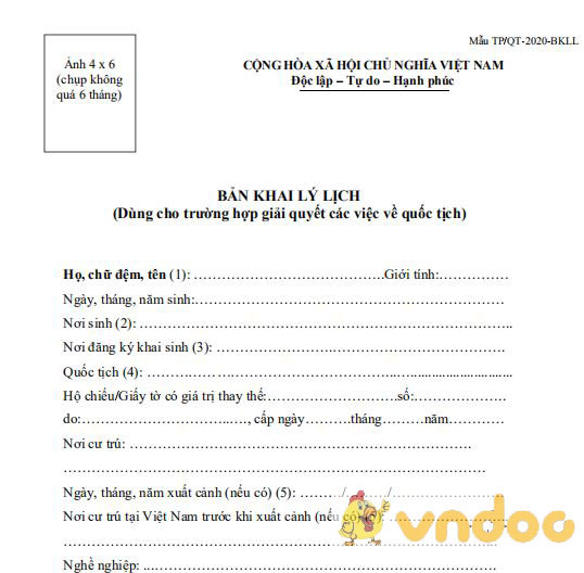 Bản khai lý lịch dùng cho trường hợp giải quyết các việc về quốc tịch
