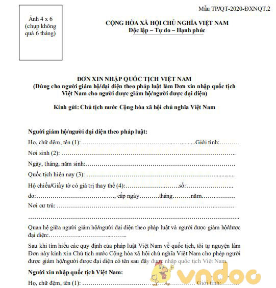 Đơn xin nhập quốc tịch Việt Nam cho người được giám hộ/được đại diện