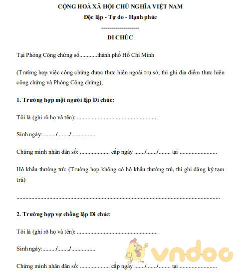 Mẫu di chúc thừa kế đất đai