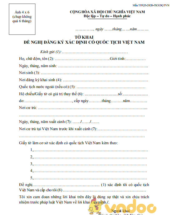 Tờ khai đề nghị đăng ký xác định có quốc tịch Việt Nam