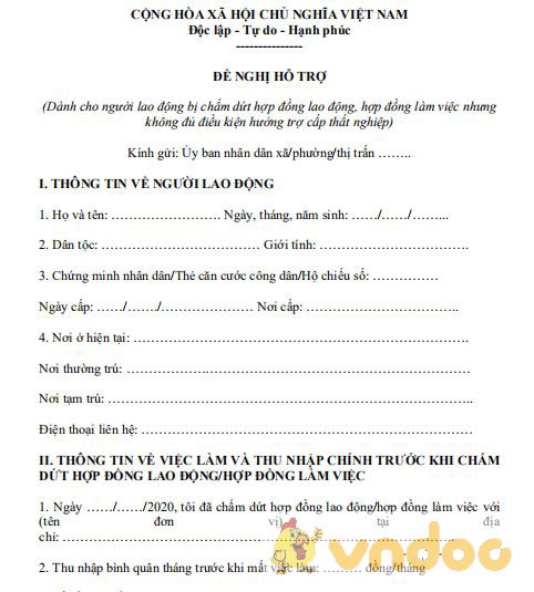 Mẫu đề nghị hỗ trợ dành cho người lao động bị chấm dứt hợp đồng lao động, hợp đồng làm việc