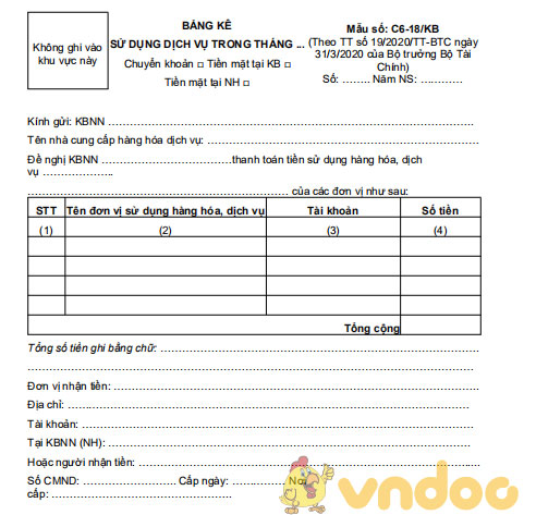 Bảng kê sử dụng dịch vụ trong tháng