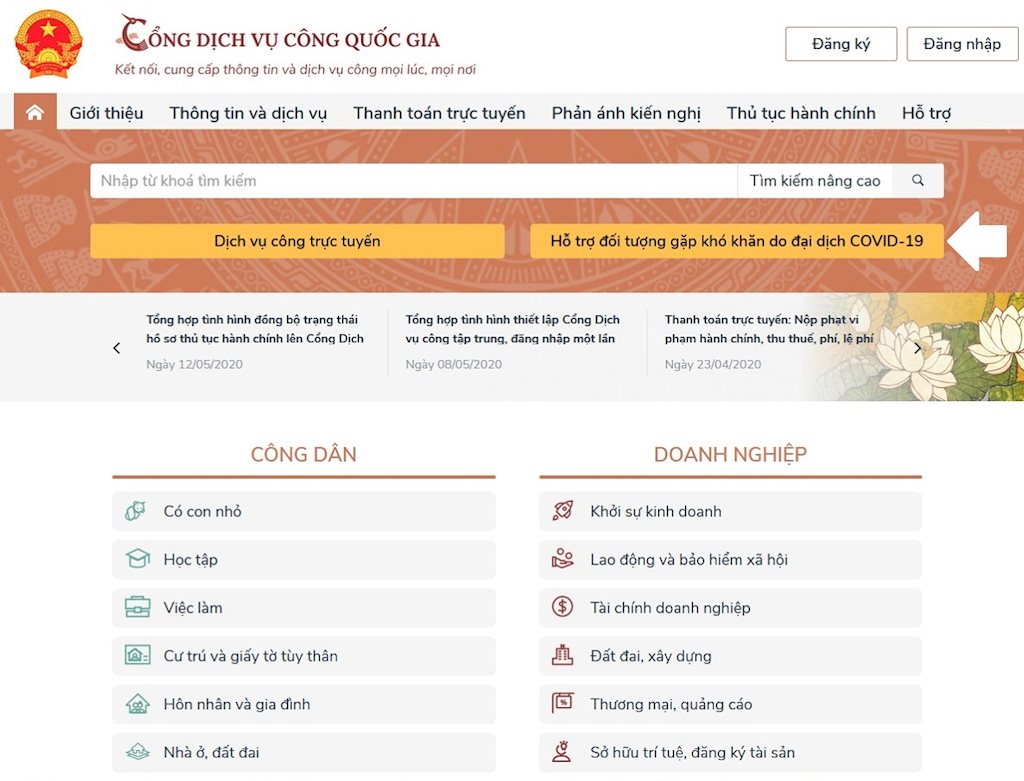 Hướng dẫn sử dụng dịch vụ công trực tuyến hỗ trợ khó khăn đợt dịch Covid-19