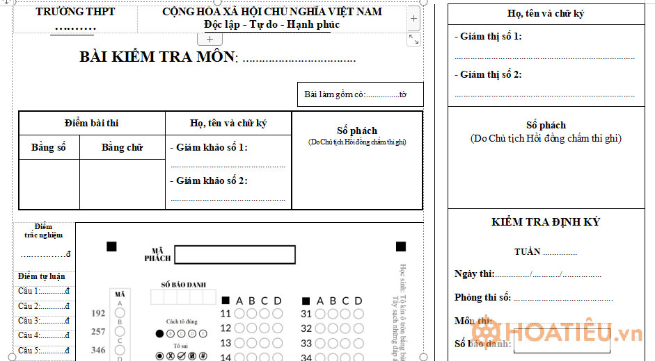 Mẫu giấy thi có phách