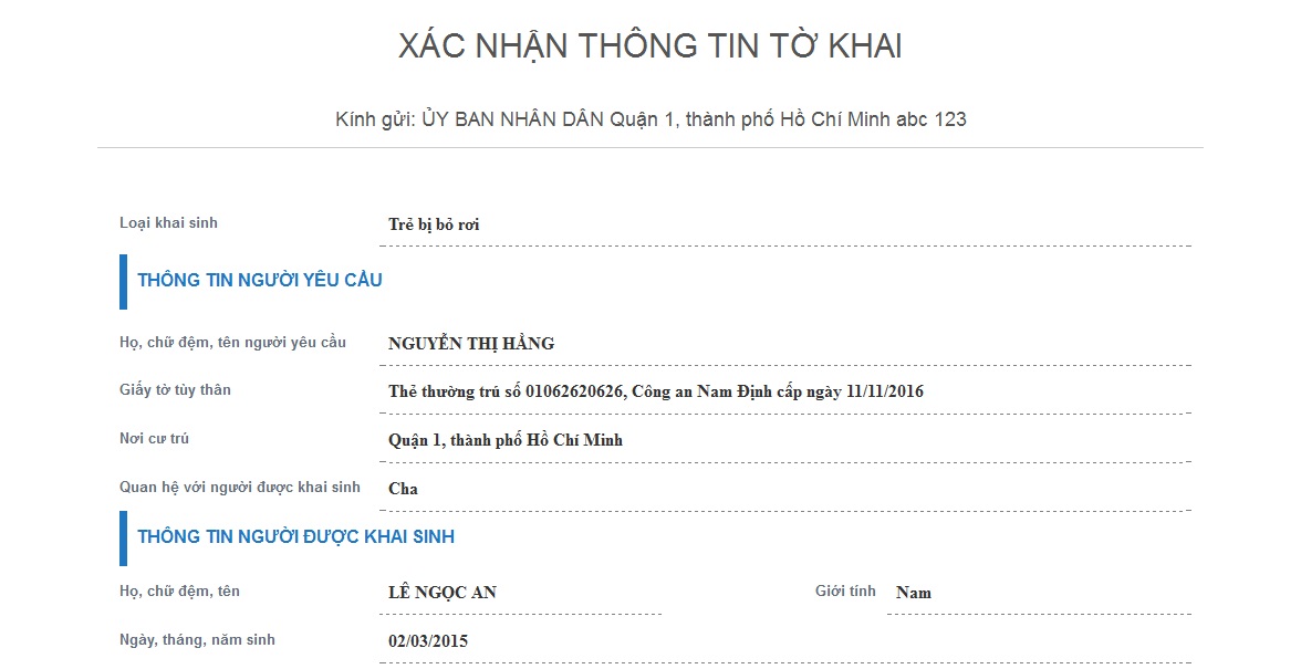 Hồ sơ đăng ký khai sinh trực tuyến