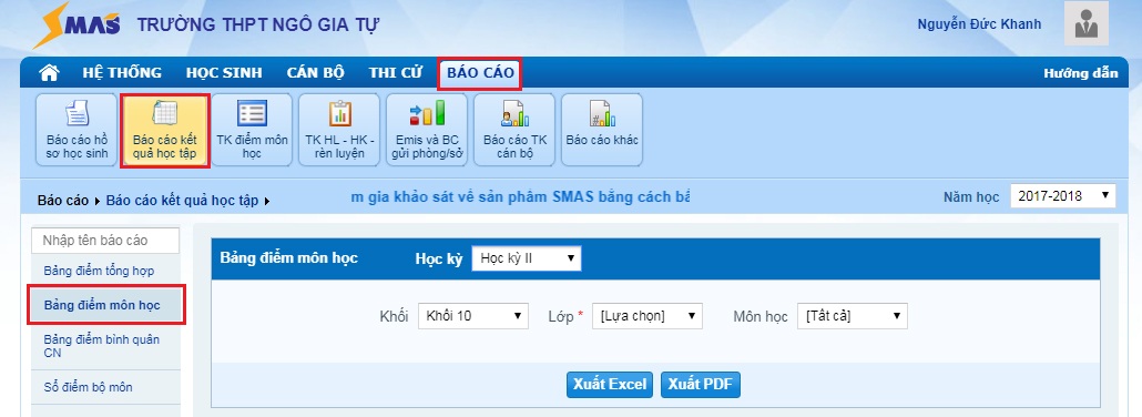 Cách in phiếu ghi điểm học bạ trong SMAS