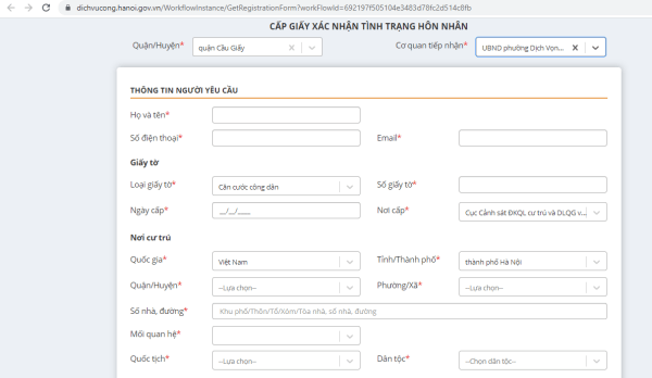 Đăng ký xác nhận tình trạng hôn nhân online