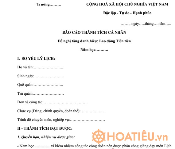 Báo cáo thành tích lao động tiên tiến