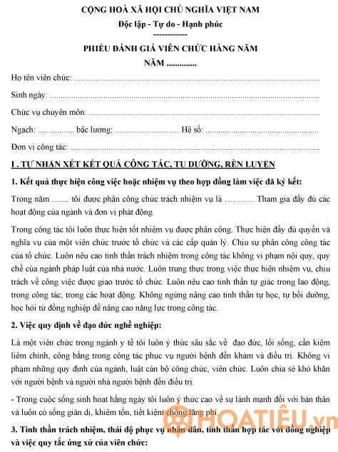 Mẫu phiếu đánh giá viên chức y tế