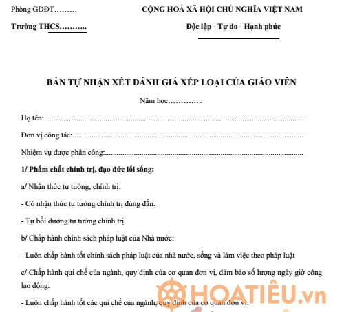 Bản tự nhận xét đánh giá của giáo viên