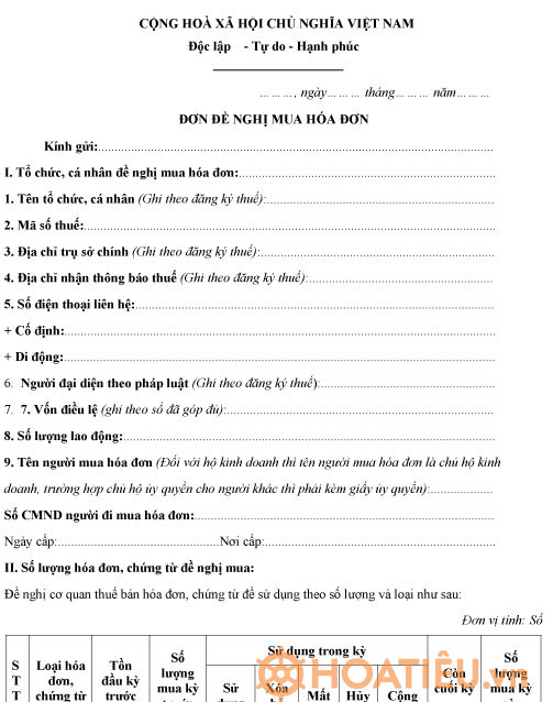 Đơn đề nghị mua hóa đơn