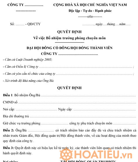 Mẫu quyết định bổ nhiệm trưởng phòng