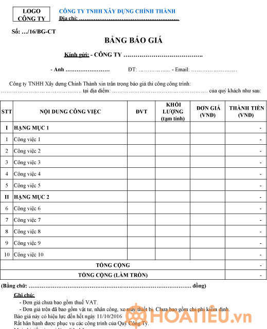 Bảng báo giá thi công xây dựng Mẫu bảng báo giá thi công xây dựng