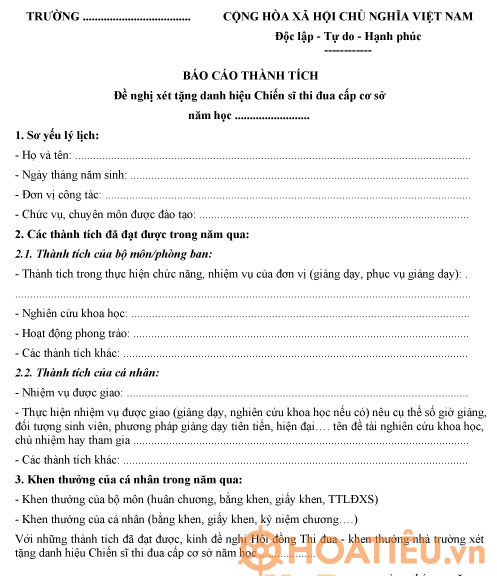 Mẫu báo cáo thành tích chiến sĩ thi đua cấp cơ sở