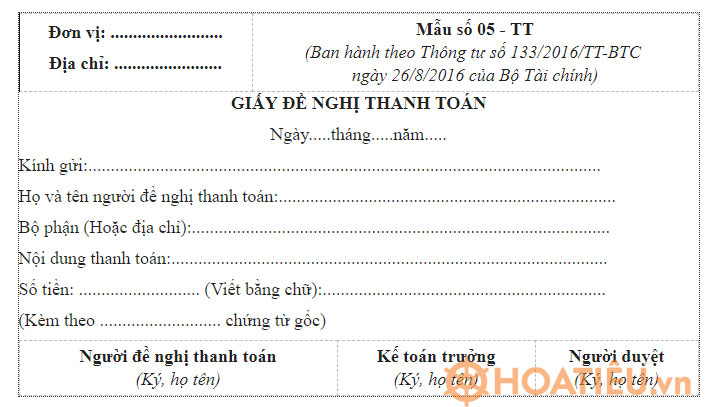 Giấy đề nghị thanh toán - Mẫu số 05-TT