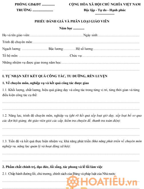 Mẫu phiếu đánh giá và phân loại viên chức giáo viên