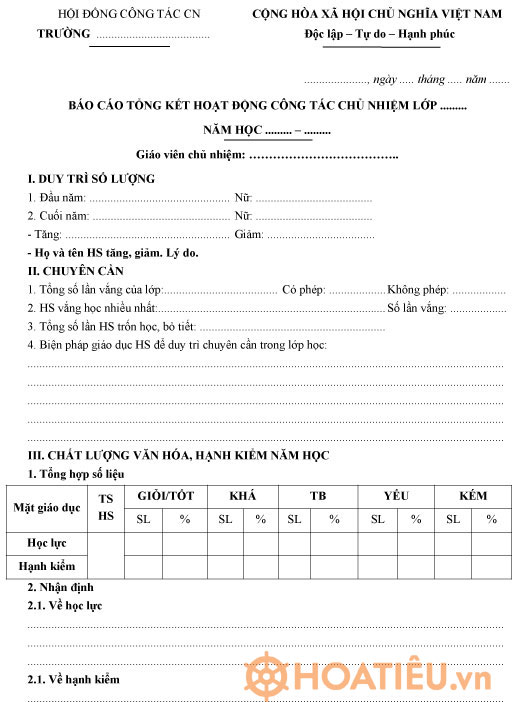 Báo cáo tổng kết hoạt động công tác chủ nhiệm lớp