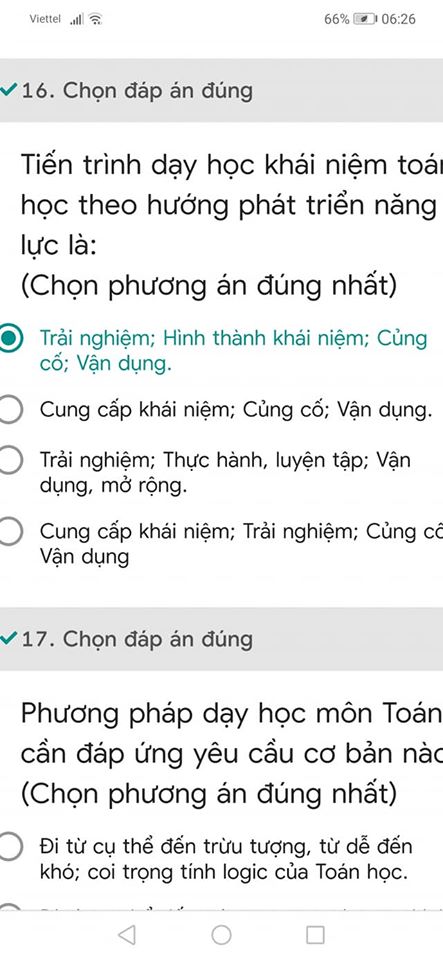 Đáp án trắc nghiệm tập huấn môn Toán sách Chân trời sáng tạo