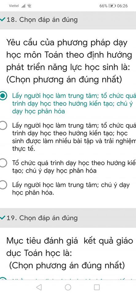 Đáp án trắc nghiệm tập huấn môn Toán giáo viên