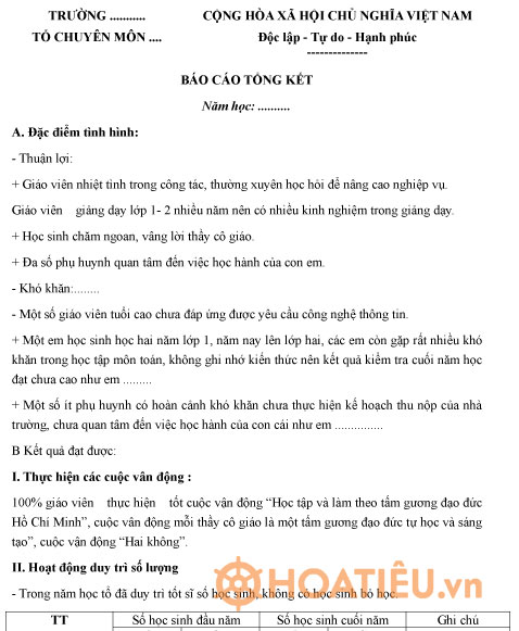 Mẫu báo cáo tổng kết của tổ chuyên môn trường tiểu học