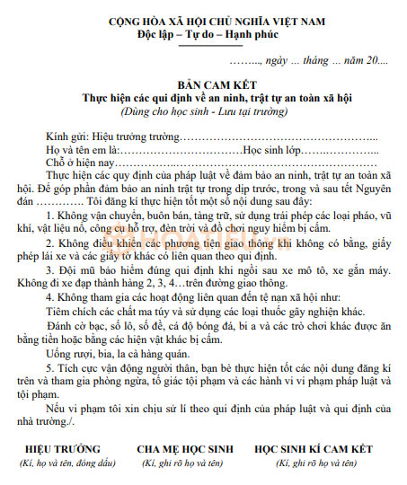 Bản cam kết của học sinh dịp tết Nguyên Đán