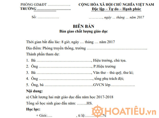 Biên bản bàn giao chất lượng giáo dục