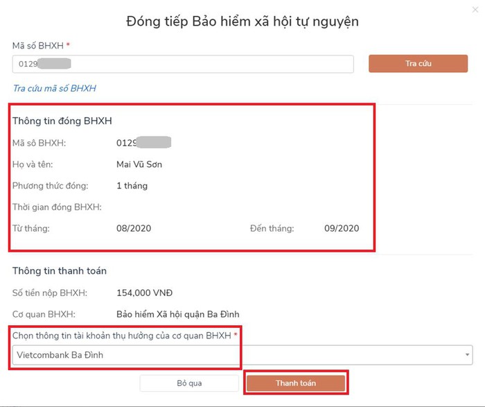 Cách thanh toán BHXH tự nguyện trực tuyến