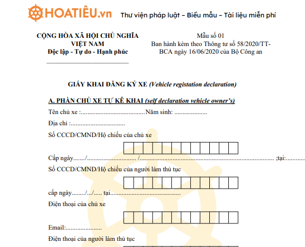 Mẫu giấy khai đăng ký xe