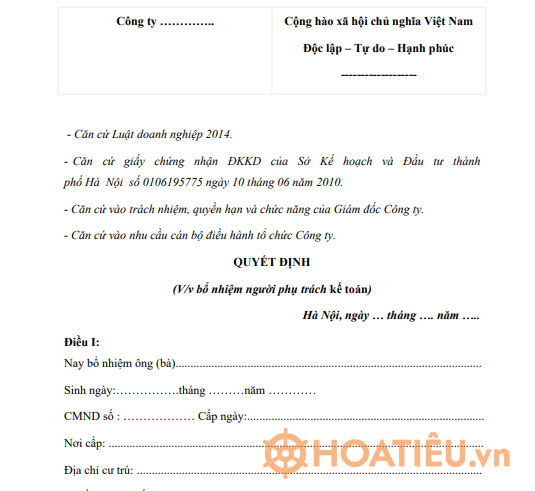 Mẫu quyết định bổ nhiệm người phụ trách kế toán