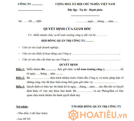 Quyết định miễn nhiệm kế toán trưởng